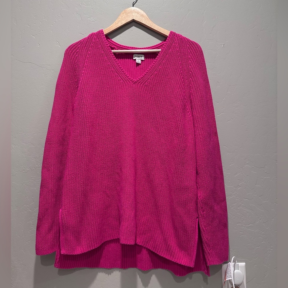 J.Crew Radiant Fuchsia Pink‎ Cotton V-Neck Tunic Sweater Size Large